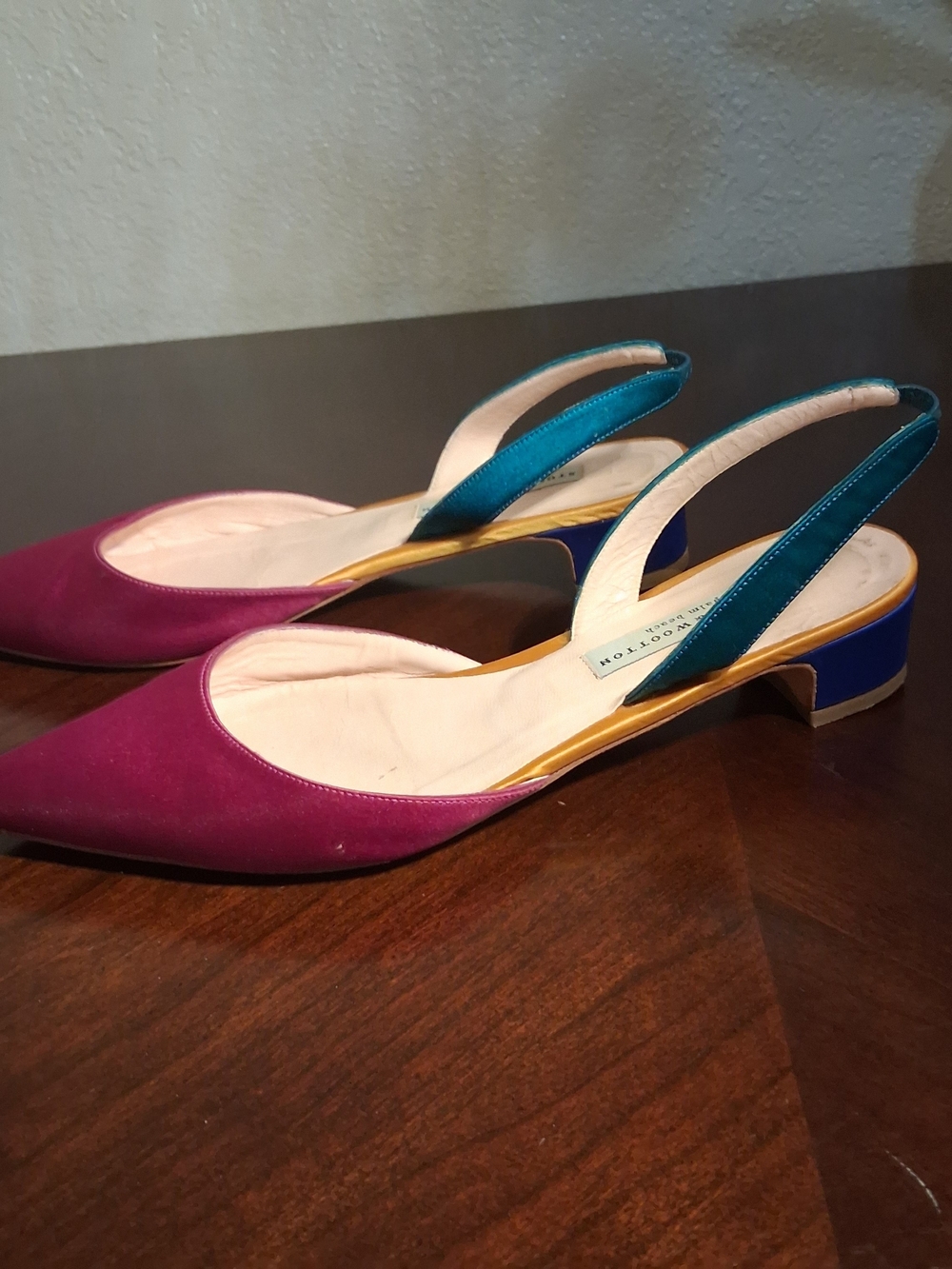 Stubbs & Wootton Magenta Pointed Slingbacks with Teal Straps